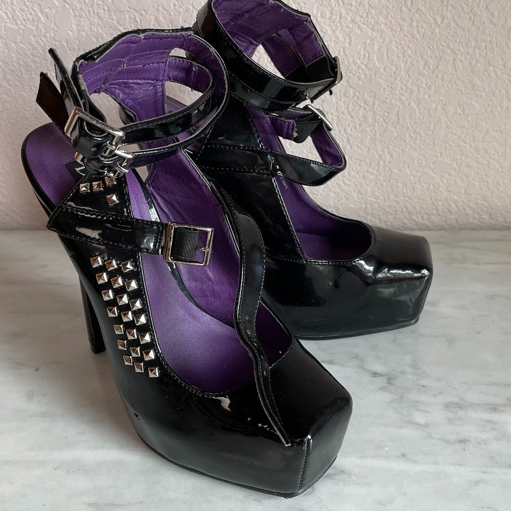 Goth Costume Black Shiny Patent Studded Ankle Strap Heels